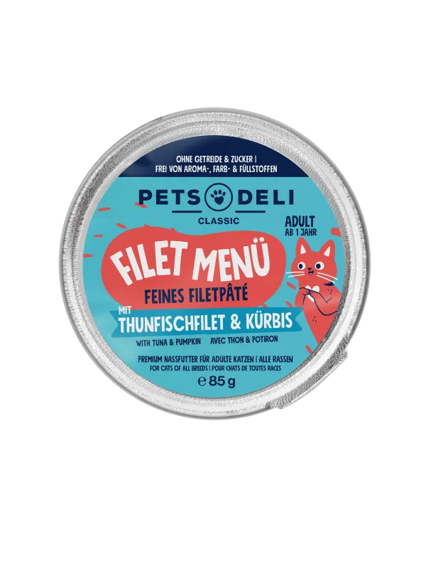Pets Deli Filet Menü Filet-Menü Thunfisch, Putenfilet, Kürbis, Basilikum 85g